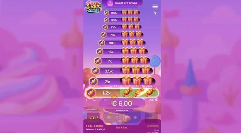 Sugar Stacks – zwycięski krok z podświetleniem aktualnego piętra i licznikiem mnożników